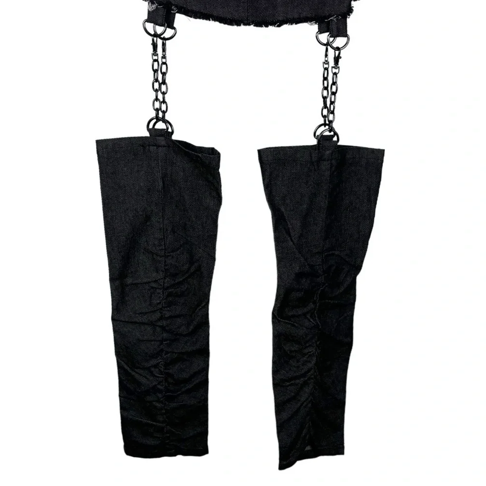 DOLLS KILL DARKER WAVS BLACK WASHED CARGO MINI SKIRT CHAIN GARTER LEG WARMERS - Picture 7 of 12